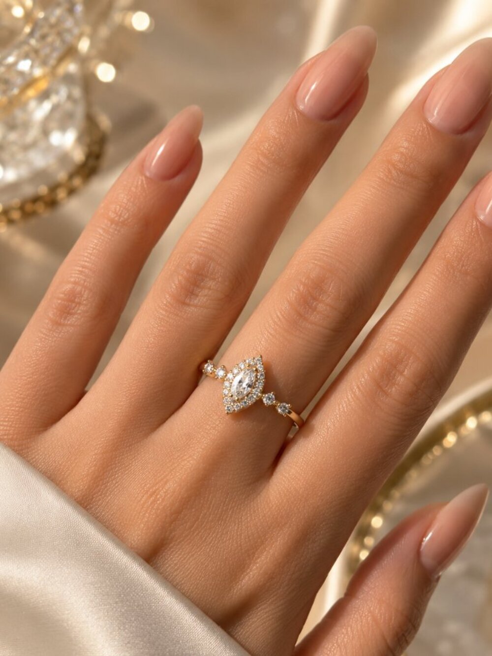 14k Yellow Gold Diamond Ring Marquise Cut Dainty Ring Band